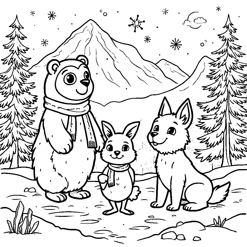 Winter animal friends having a snow-trek adventure