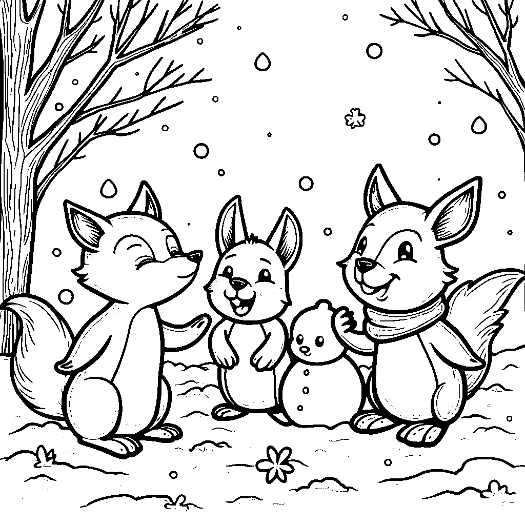 Winter animal friends playing together in the snow