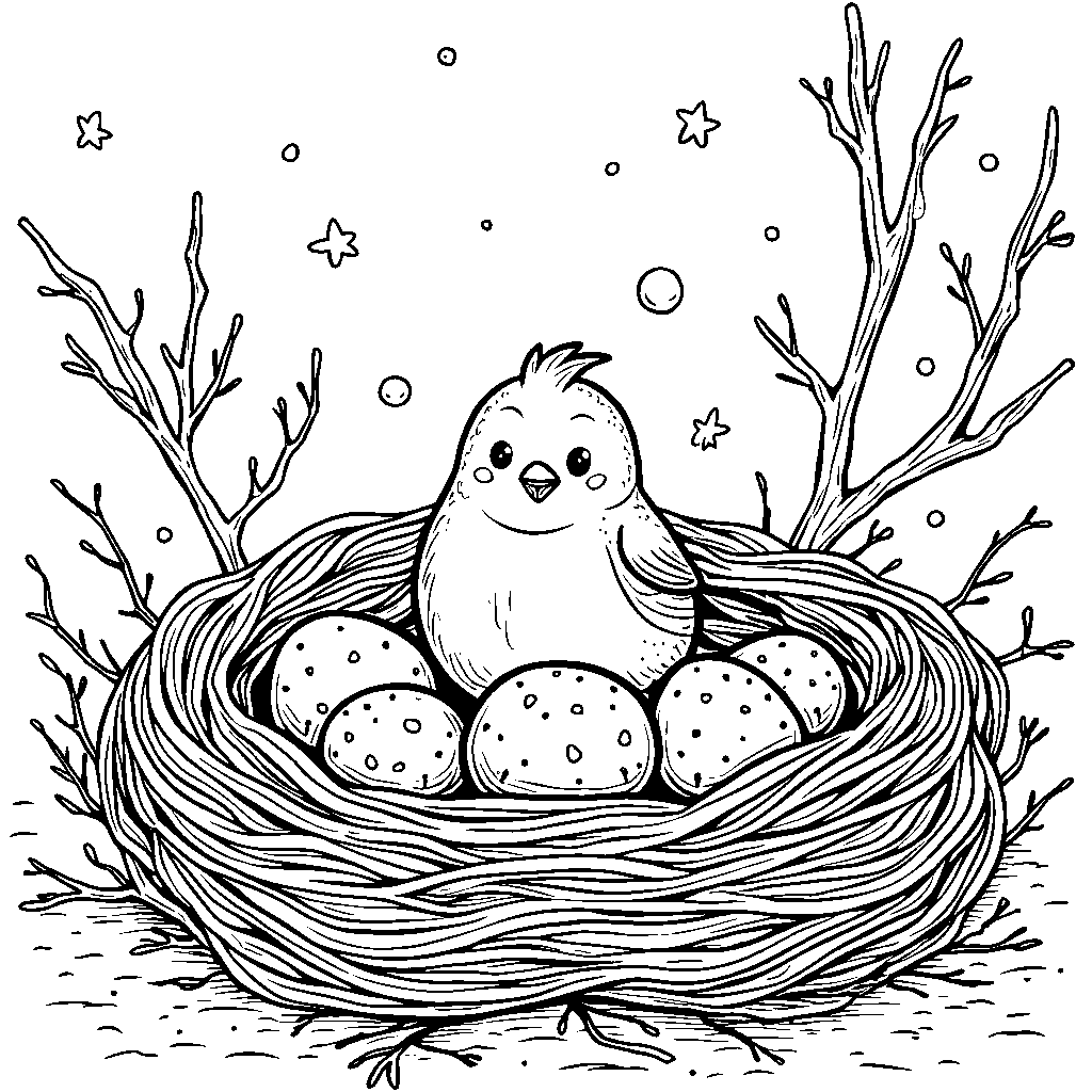 Winter bird's nest with eggs and twigs