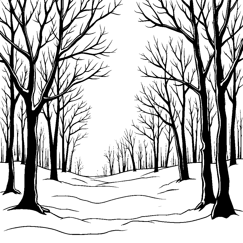 Winter forest with bare trees and sparkling snowflakes