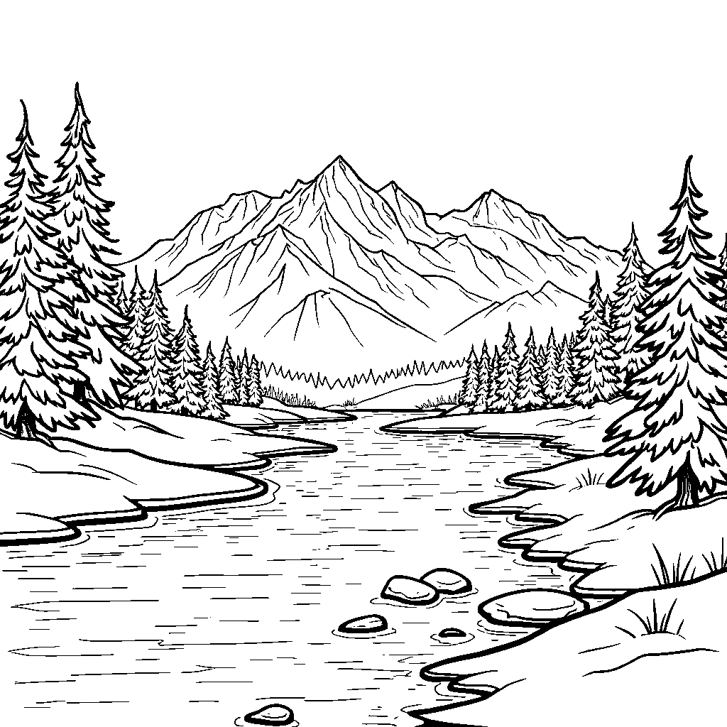 Winter landscape with a frozen river and snow-covered mountains