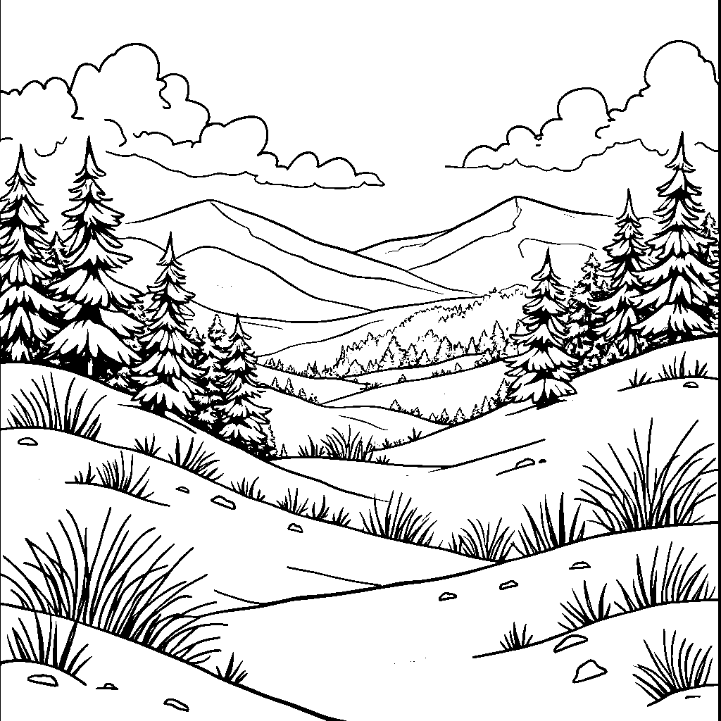 Winter landscape with snow-covered hills and trees