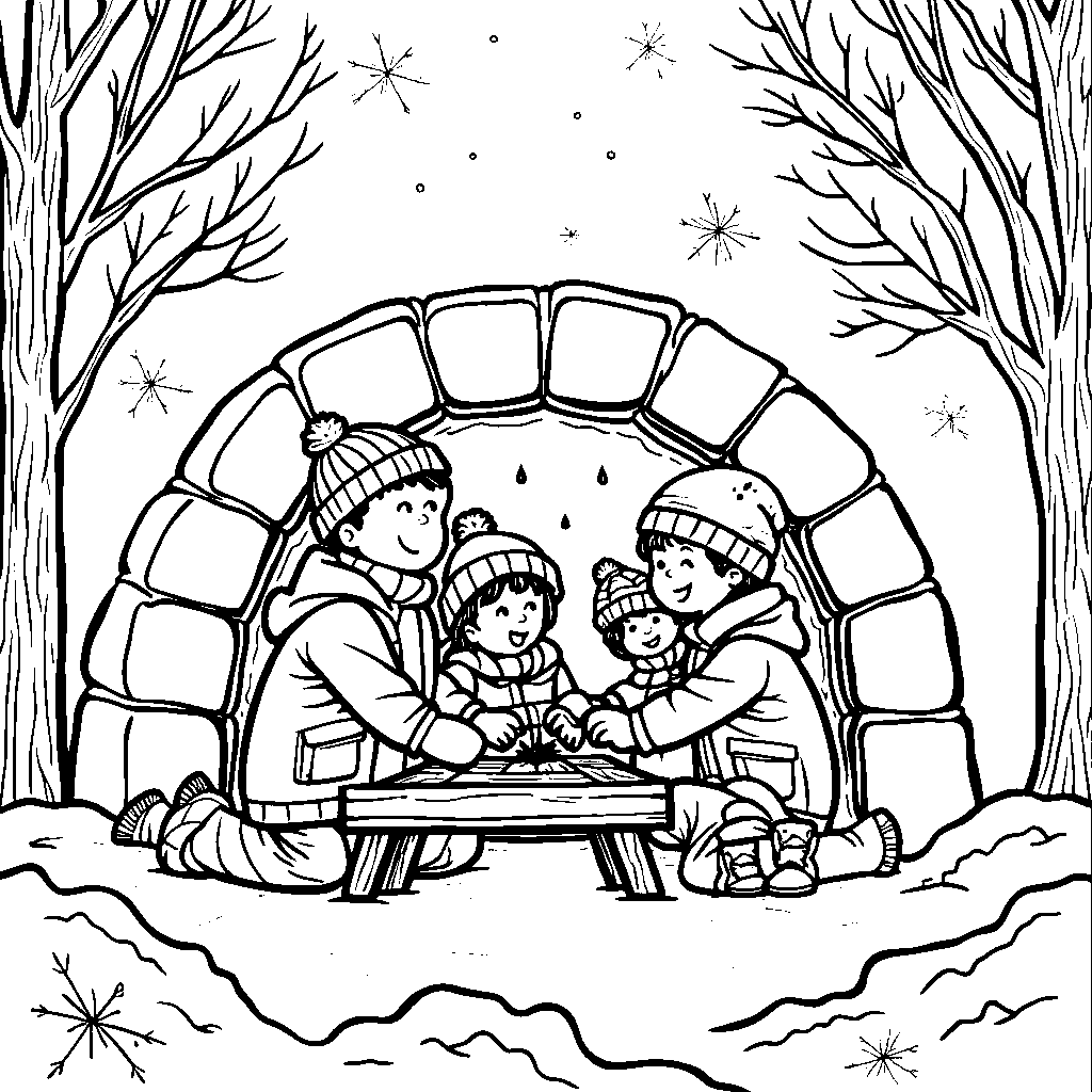 Winter scene with kids building an igloo