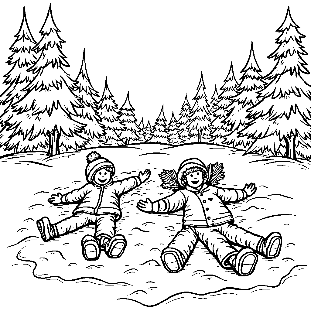 Winter scene with kids making snow angels