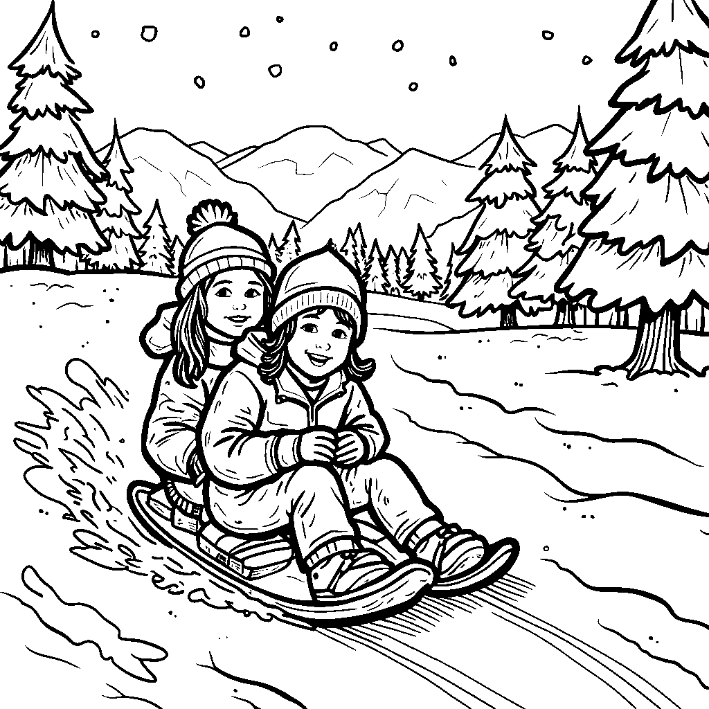 Winter scene with kids sledding down a snowy hill