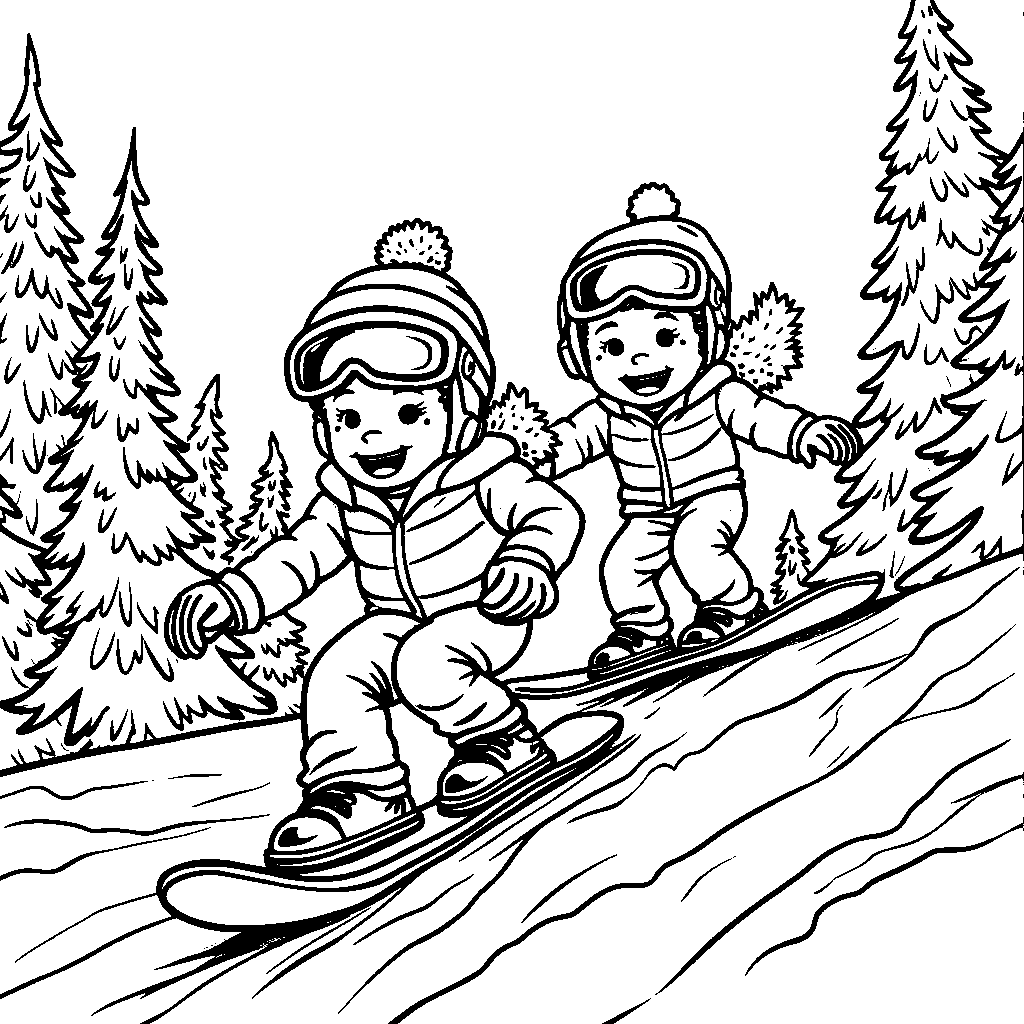 Winter sports scene with kids skiing and snowboarding