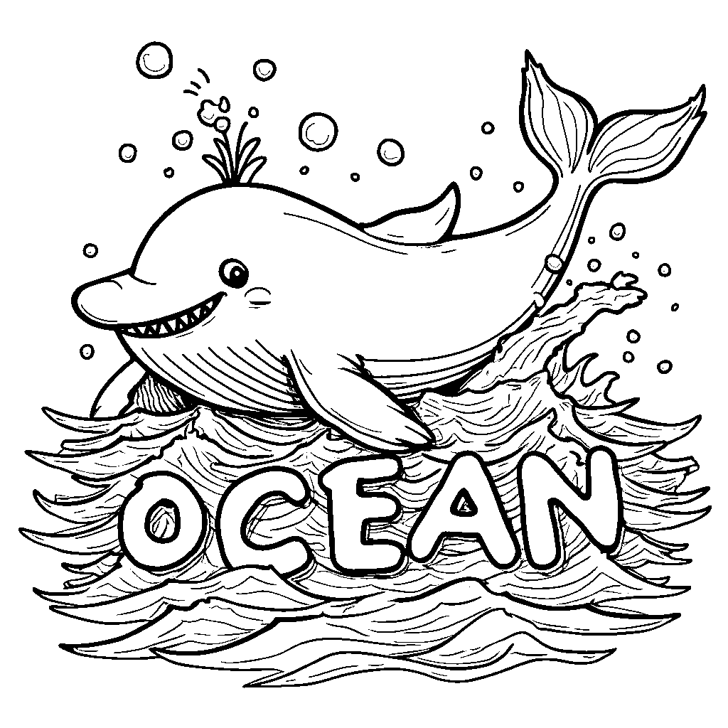 A big friendly whale splashing the word 'OCEAN' above the waves