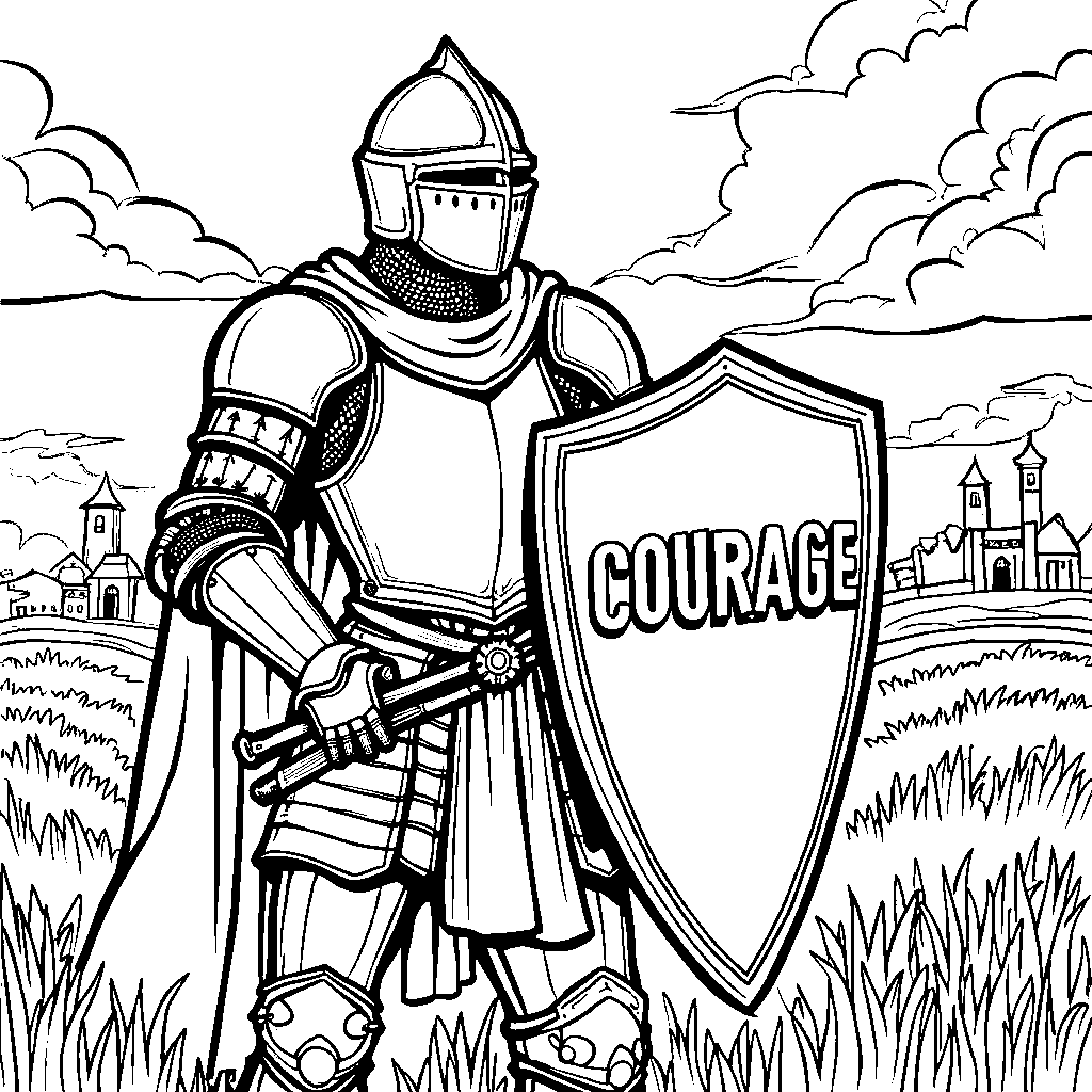 A brave knight with a shield saying 'COURAGE' in battle stance