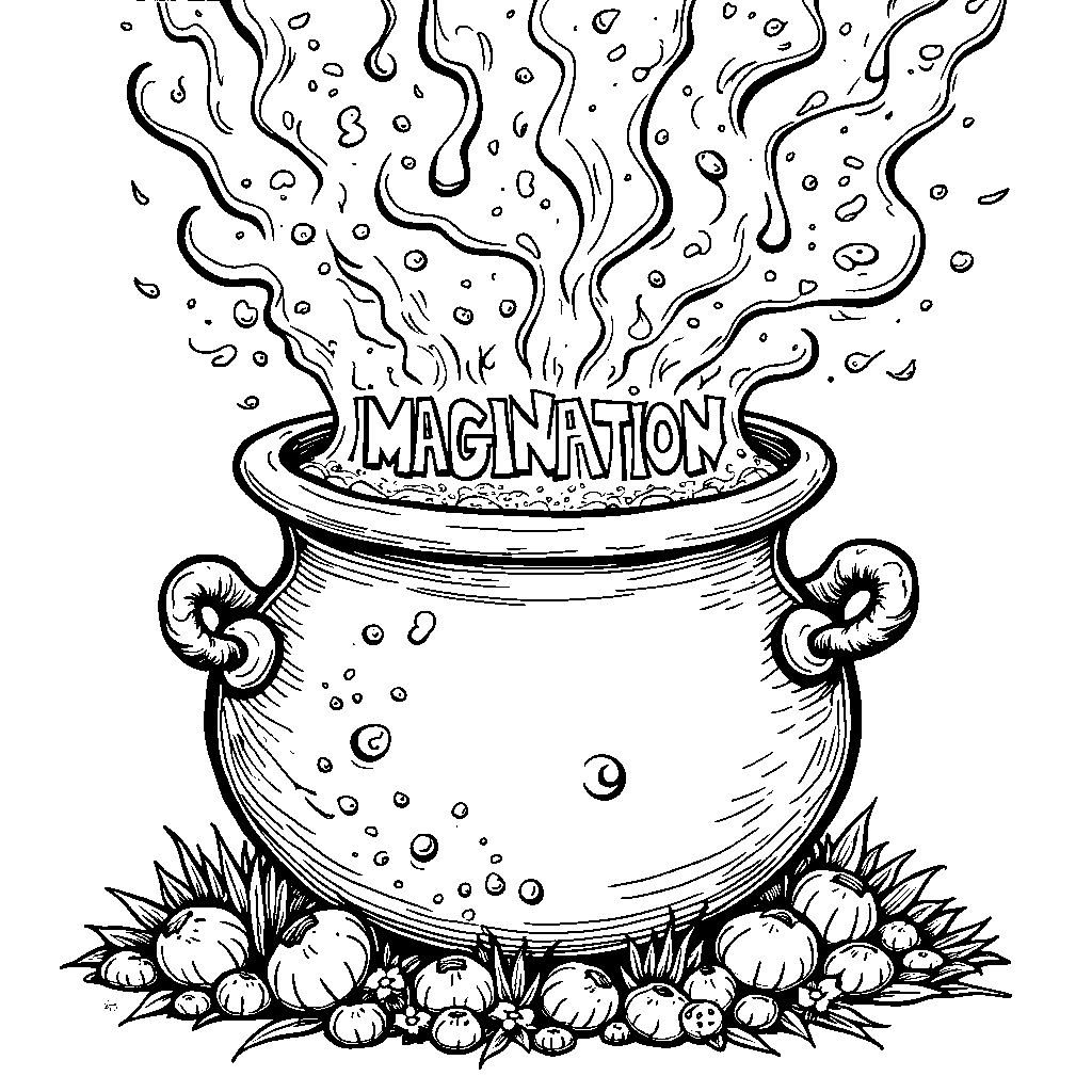 A brewing potion with 'IMAGINATION' bubbling from it