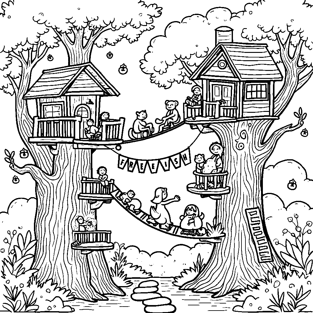 A bustling treehouse village with banners saying 'FRIENDSHIP'