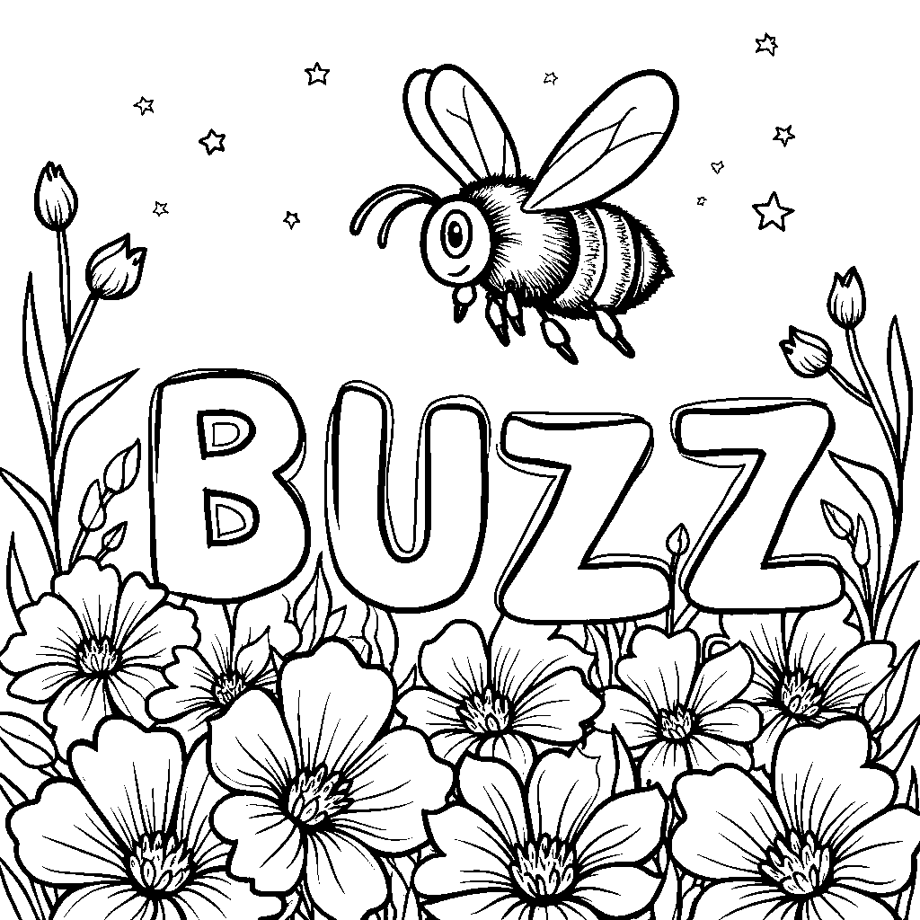 A busy bee buzzing around the word 'BUZZ' spelled in flowers