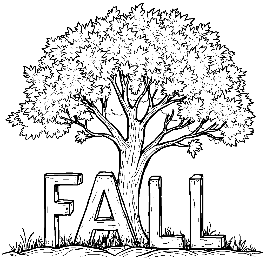 A colorful autumn tree with 'FALL' written in falling leaves