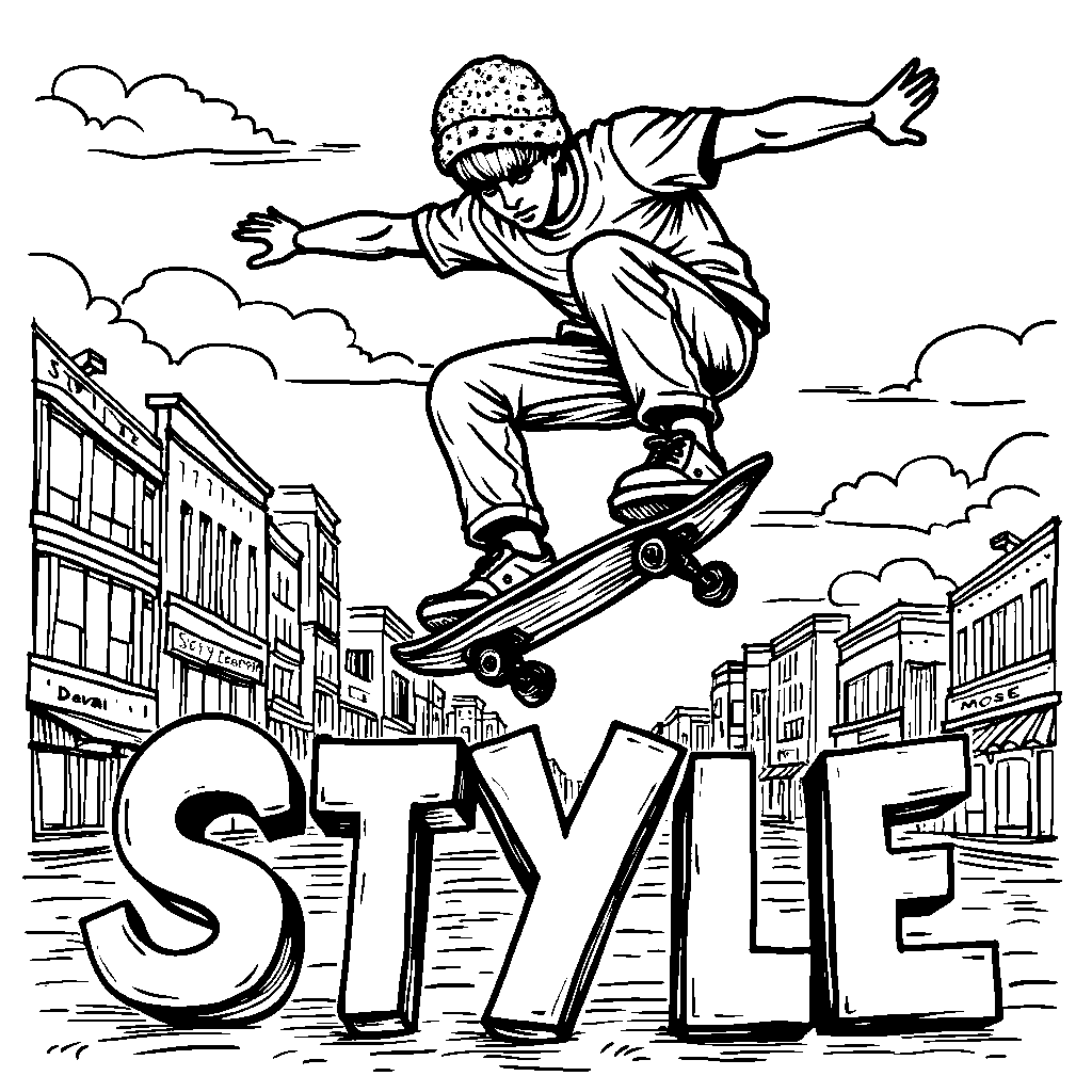 A cool skateboarder performing a trick with the word 'STYLE'