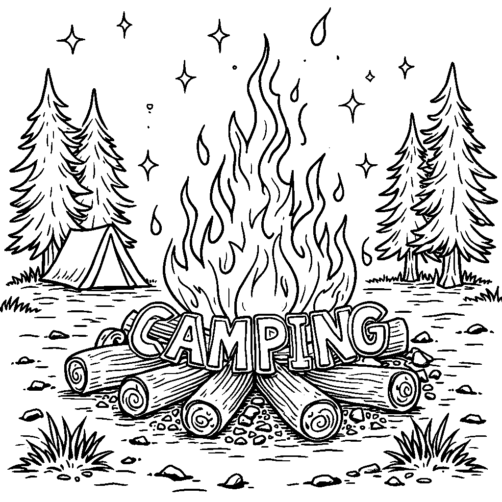 A cozy campfire with letters spelling 'CAMPING' in the flames