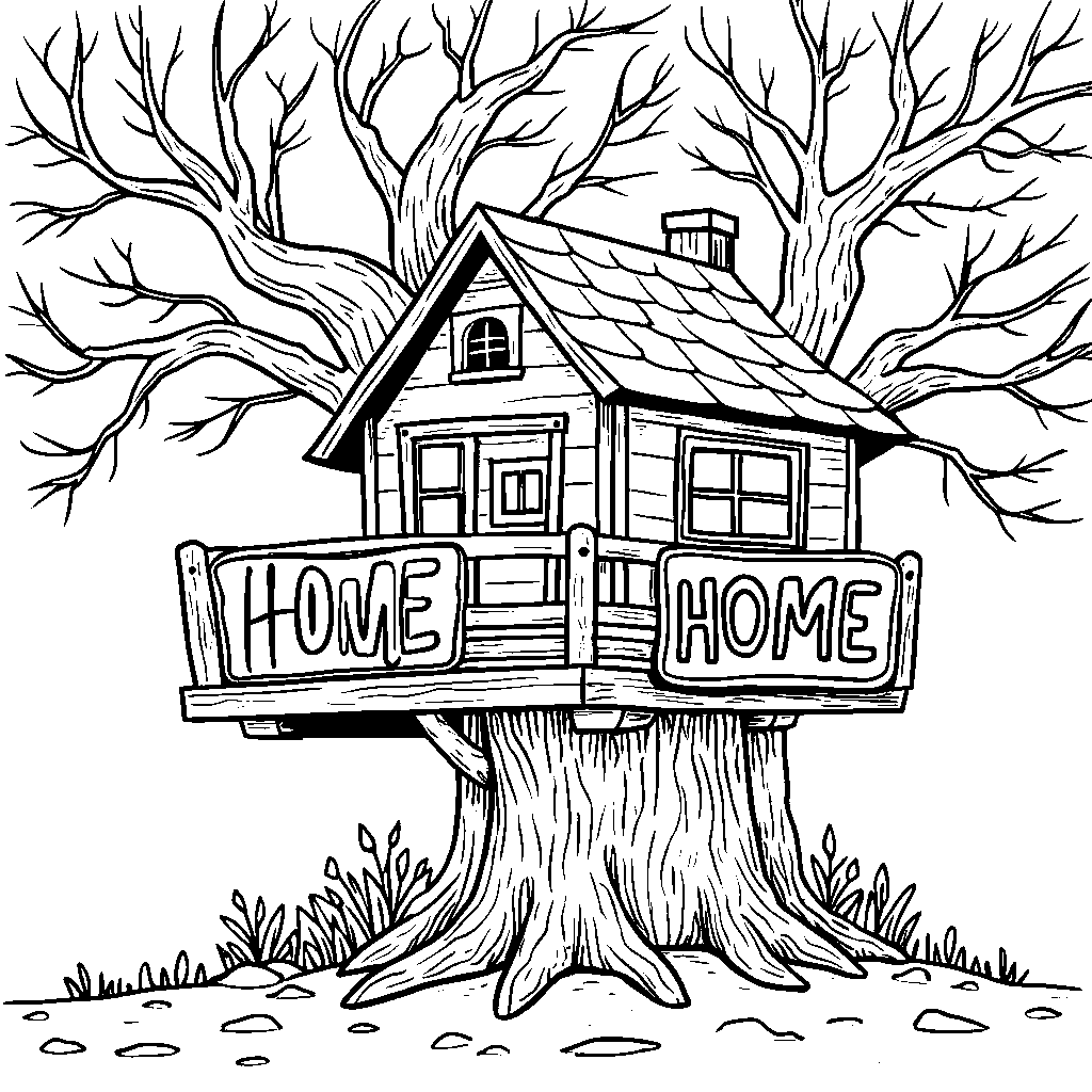 A cozy treehouse with the phrase 'HOME SWEET HOME' on a sign