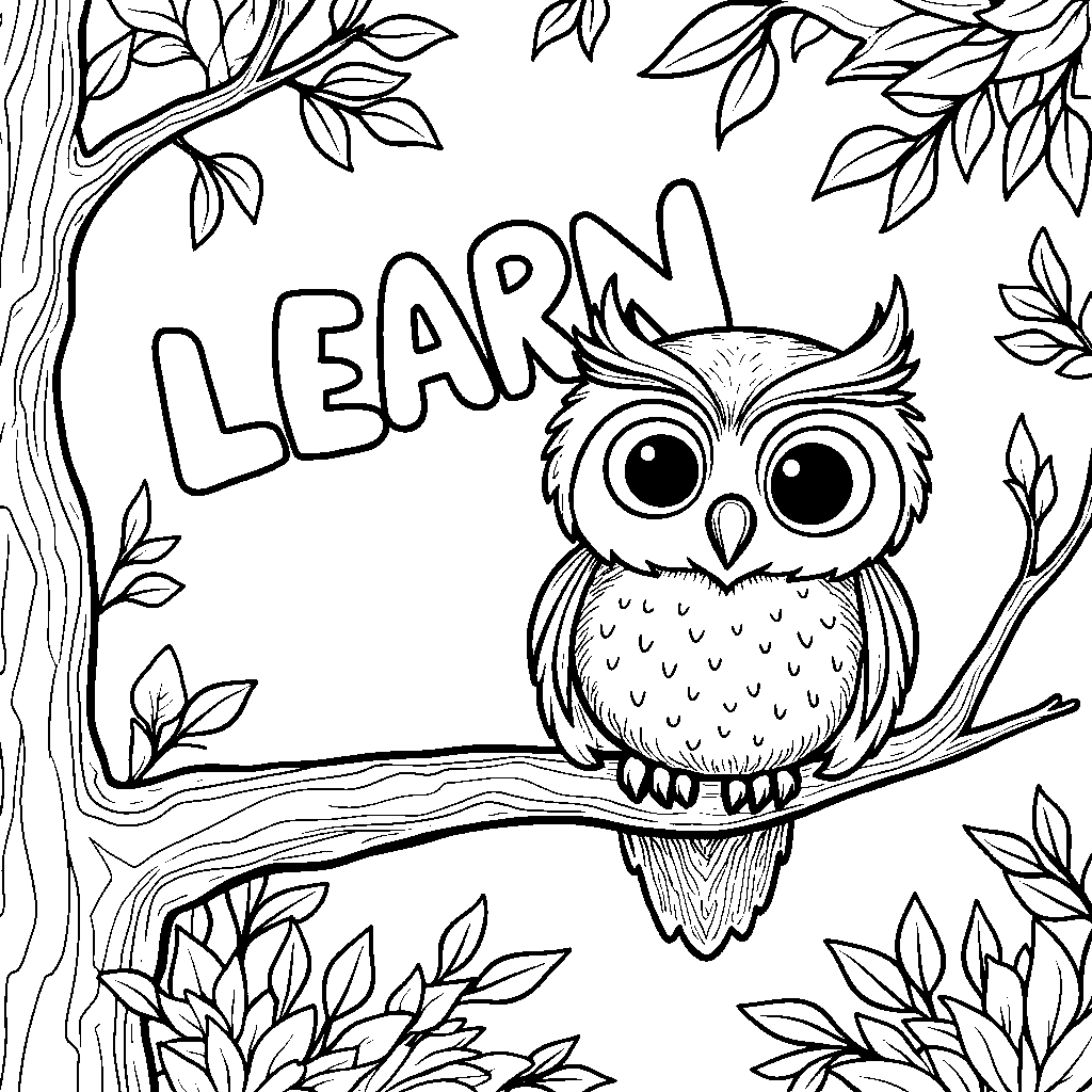 A curious owl sitting on a branch with 'LEARN' in big bold letters