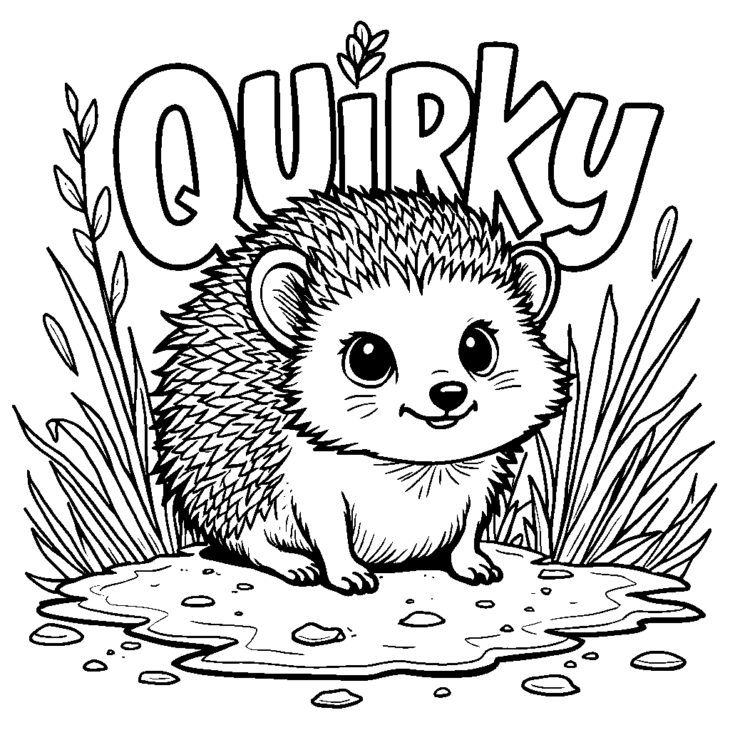 A cute hedgehog surrounded by the word 'QUIRKY' in fun shapes