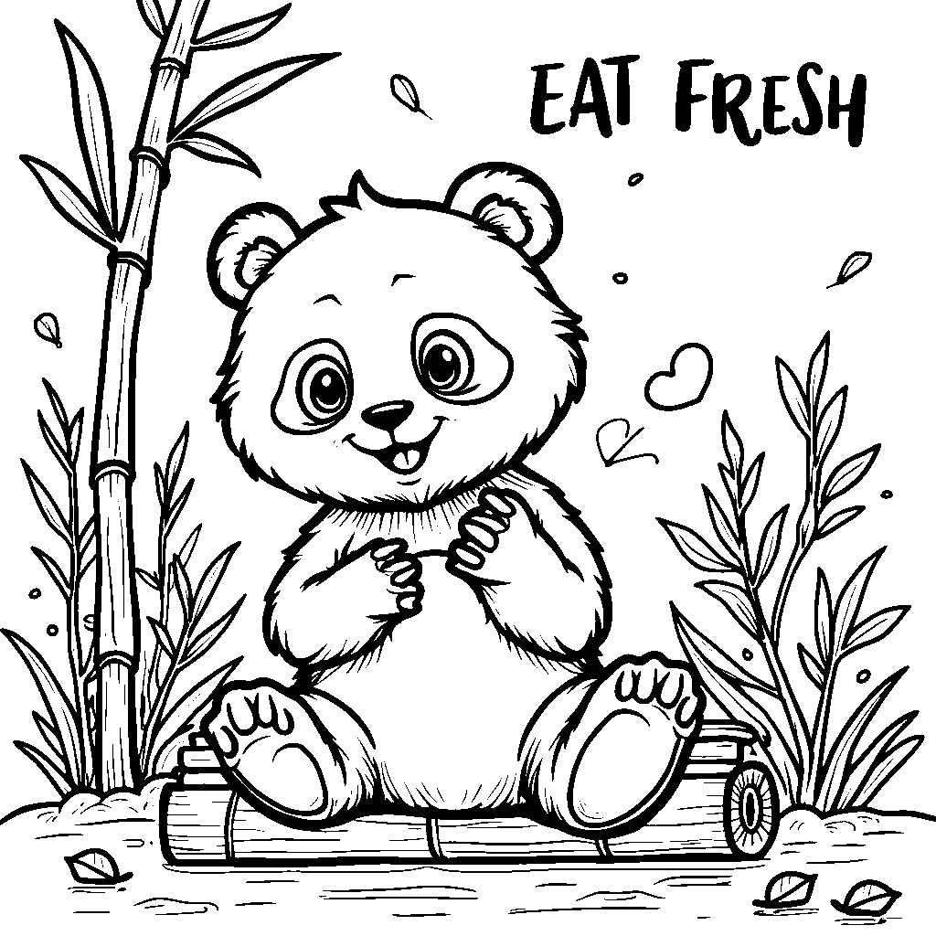 A cute panda munching on bamboo with 'EAT FRESH' nearby