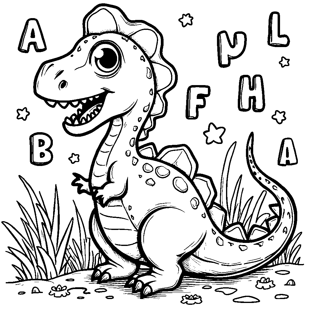 A friendly dinosaur surrounded by the letters of the alphabet