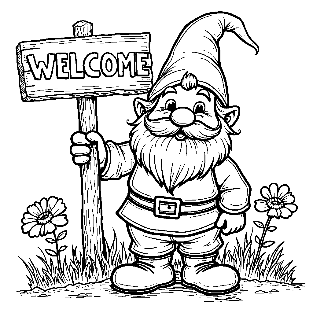 A garden gnome holding a sign that says 'WELCOME' in colorful letters