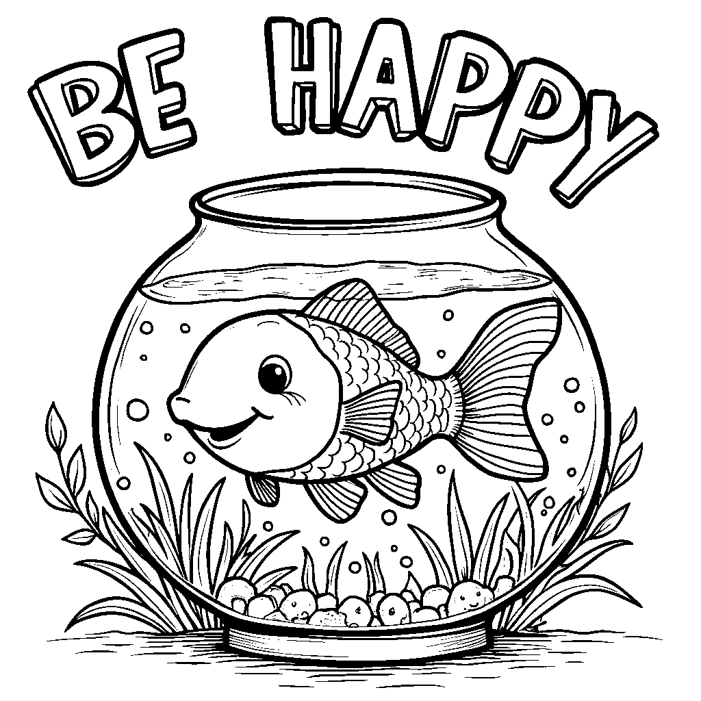 A happy fish in a bowl with the words 'BE HAPPY' floating above