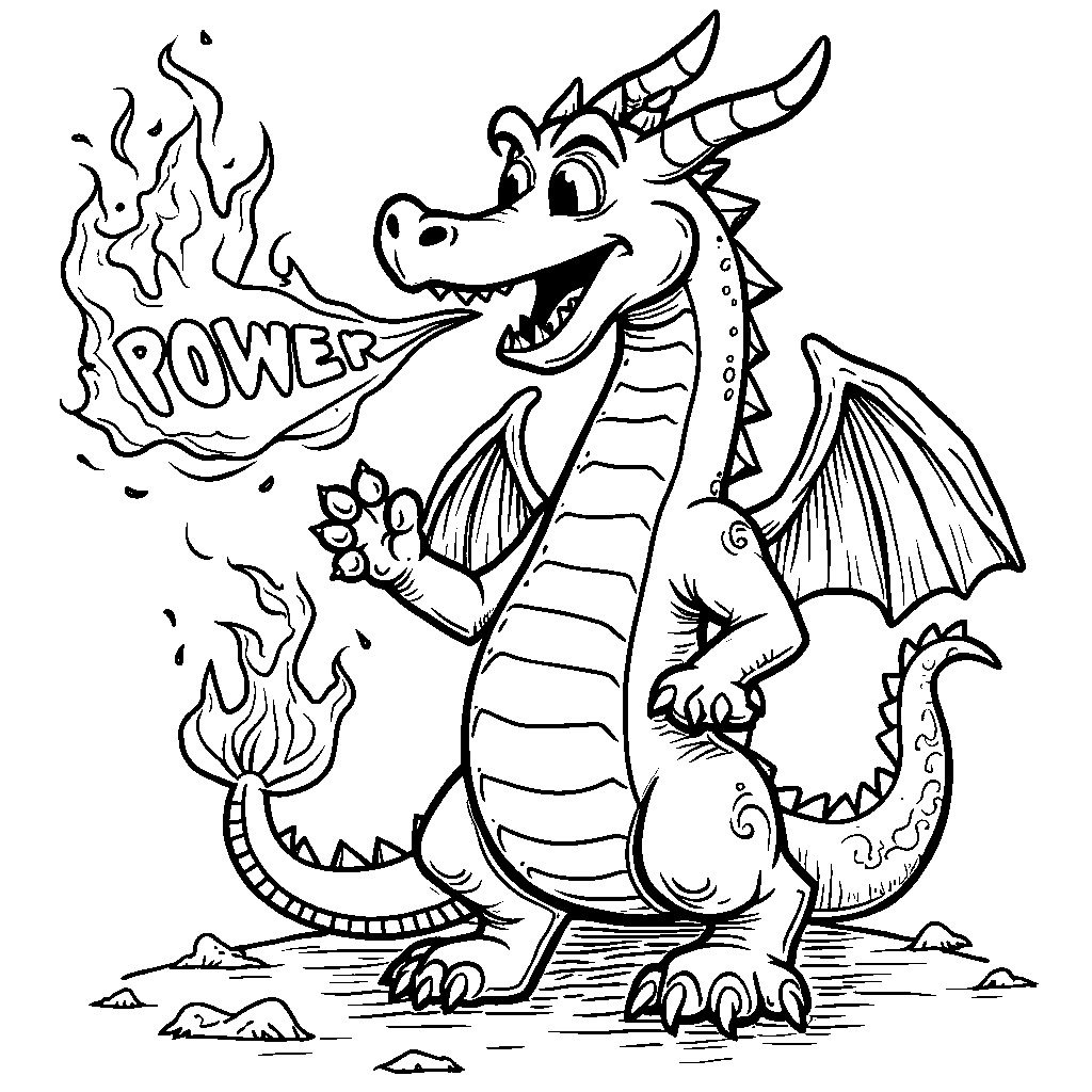 A joyful dragon breathing fire that spells out the word 'POWER'