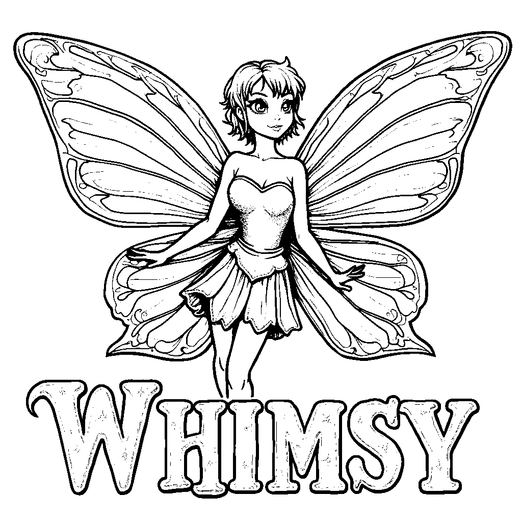 A magical fairy surrounded by the word 'WHIMSY' in glittery letters