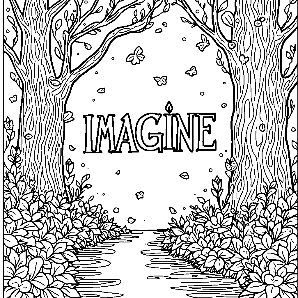 A magical forest with the word 'IMAGINE' spelled in stylized vines