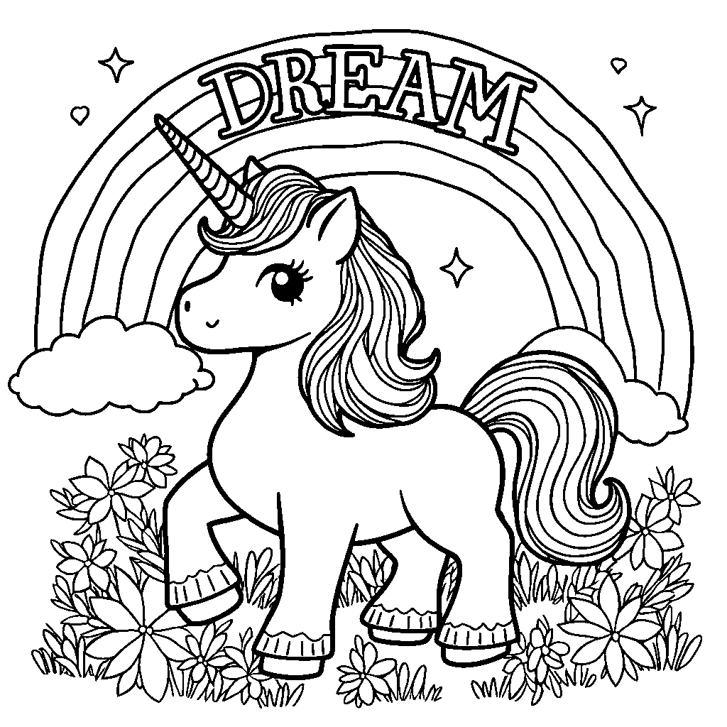 A magical unicorn with a rainbow and the word 'DREAM' above it