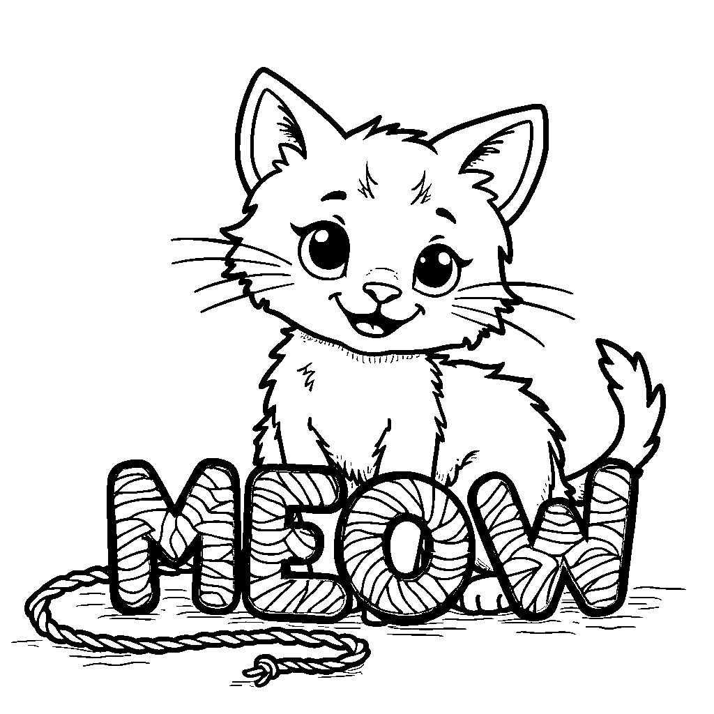 A playful cat sitting beside the word 'MEOW' made of yarn