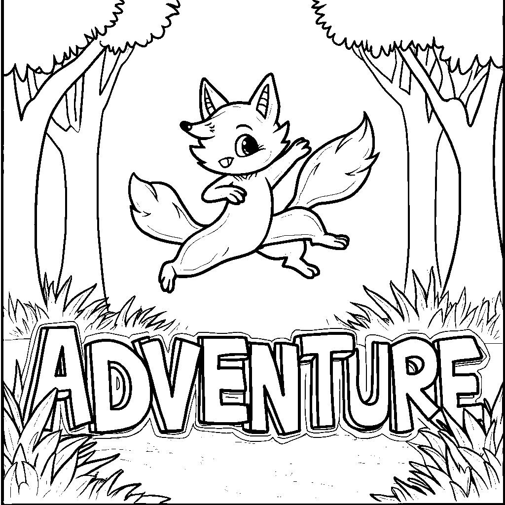 A playful fox jumping over the word 'ADVENTURE'