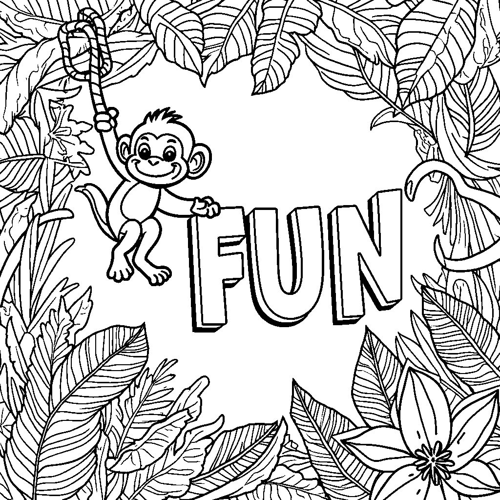 A playful monkey swinging from vines with 'FUN' in large letters