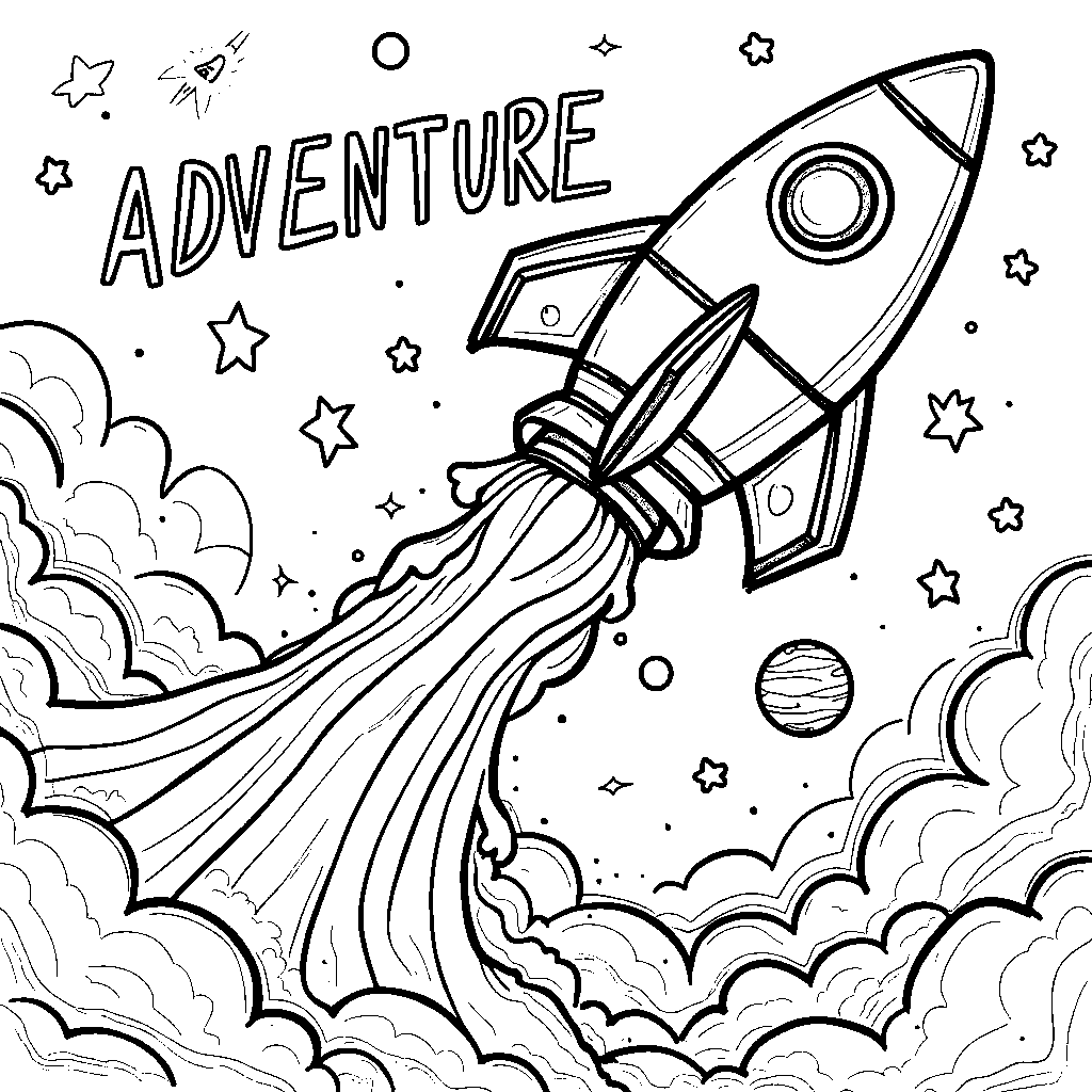 A shiny rocket ship blasting off with the word 'ADVENTURE' trailing behind