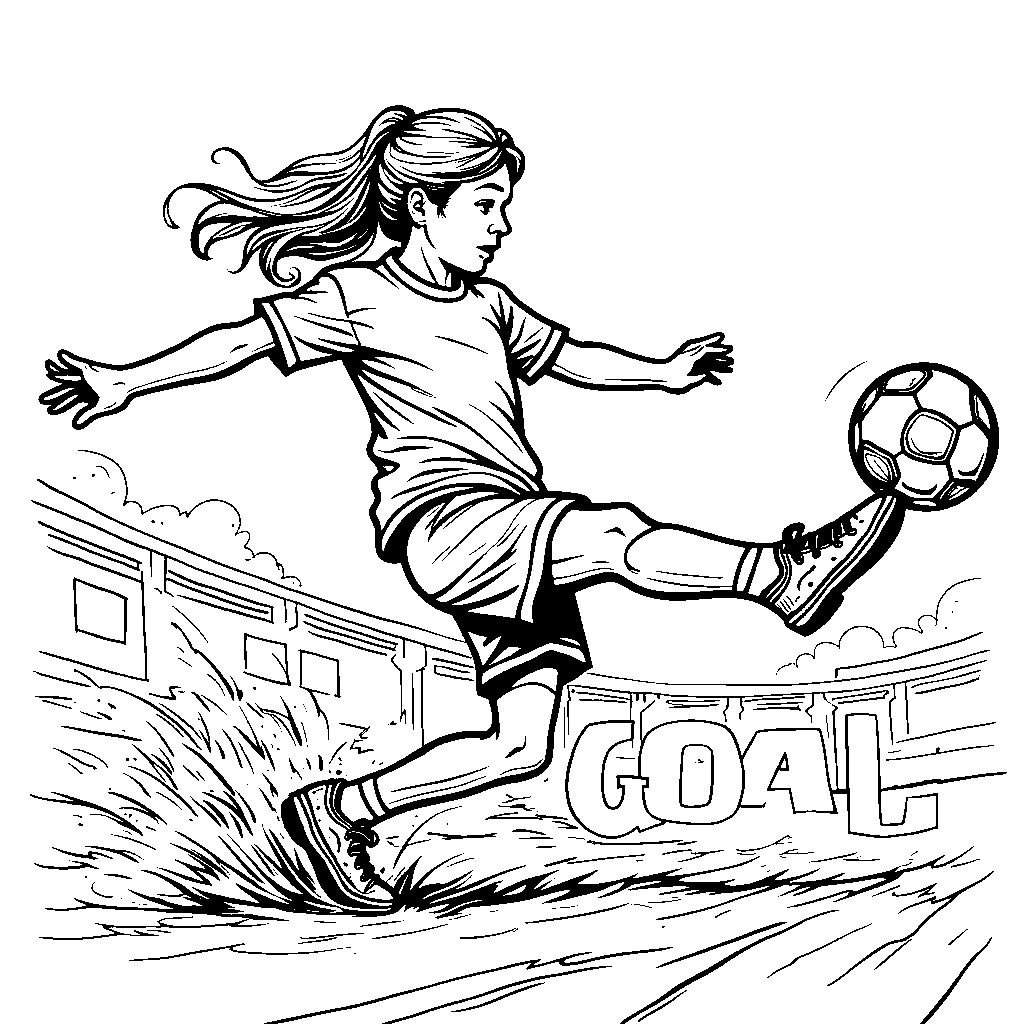 A sporty soccer player kicking a ball with the word 'GOAL'