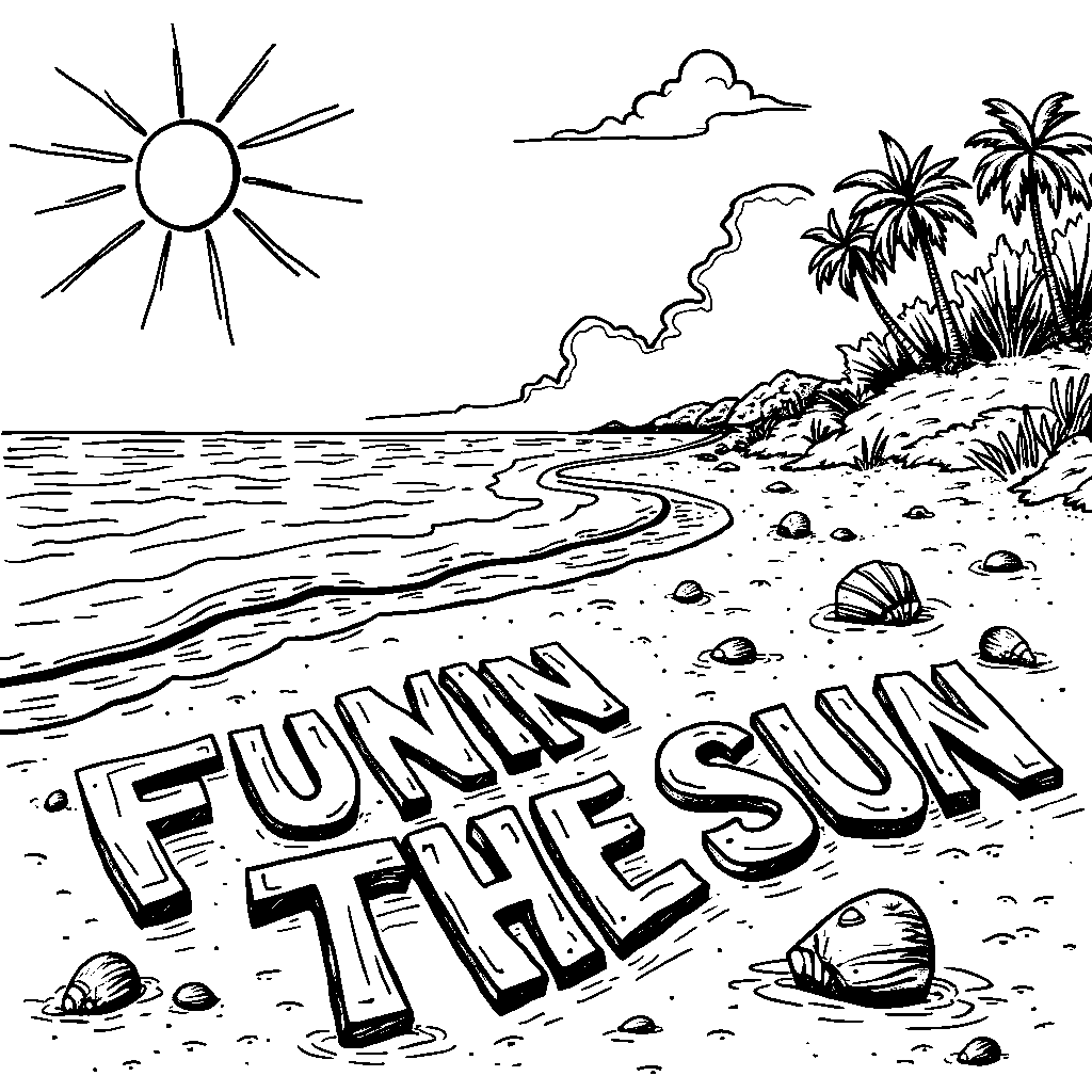 A sunny beach scene with 'FUN IN THE SUN' written in the sand