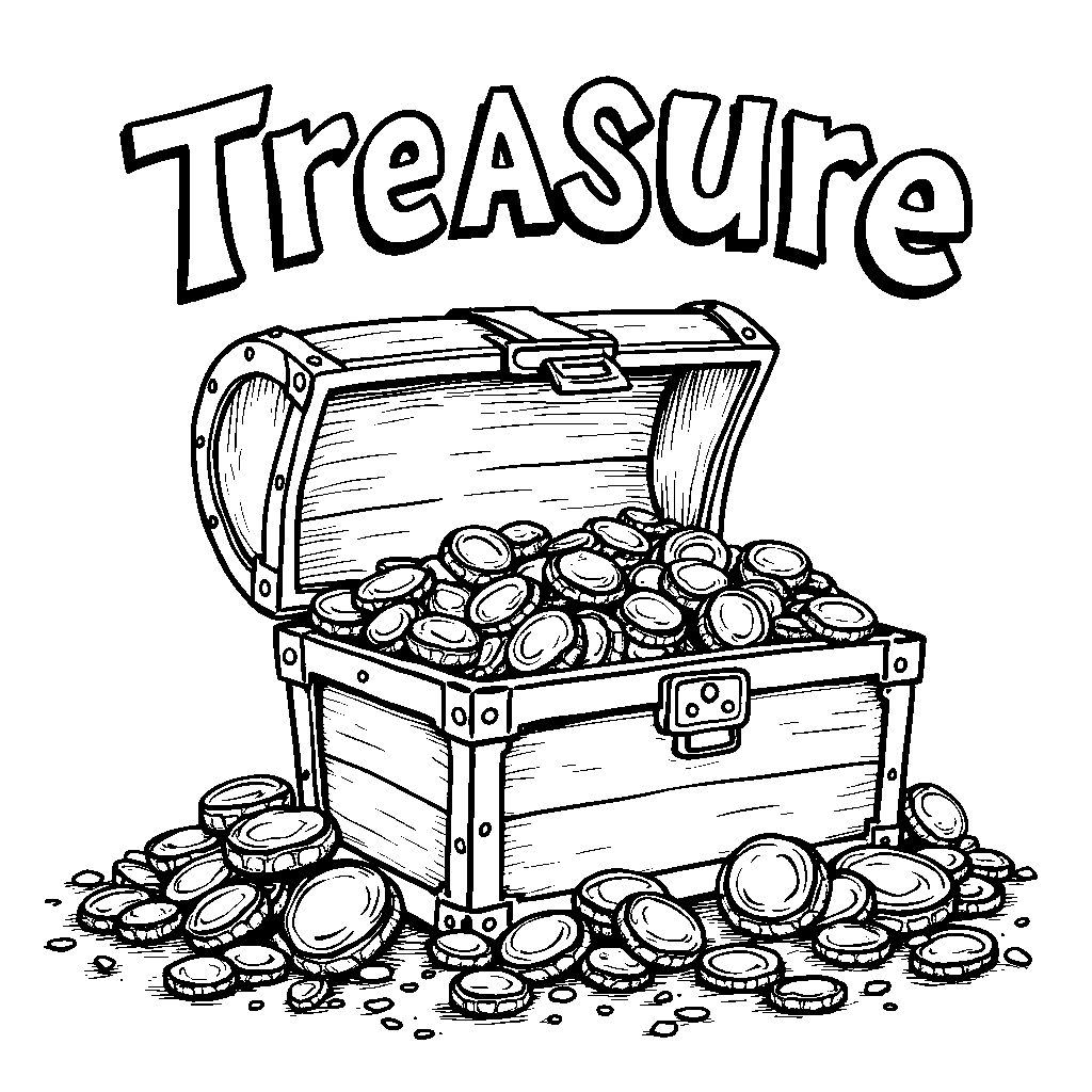 A treasure chest overflowing with jewels and the word 'TREASURE'