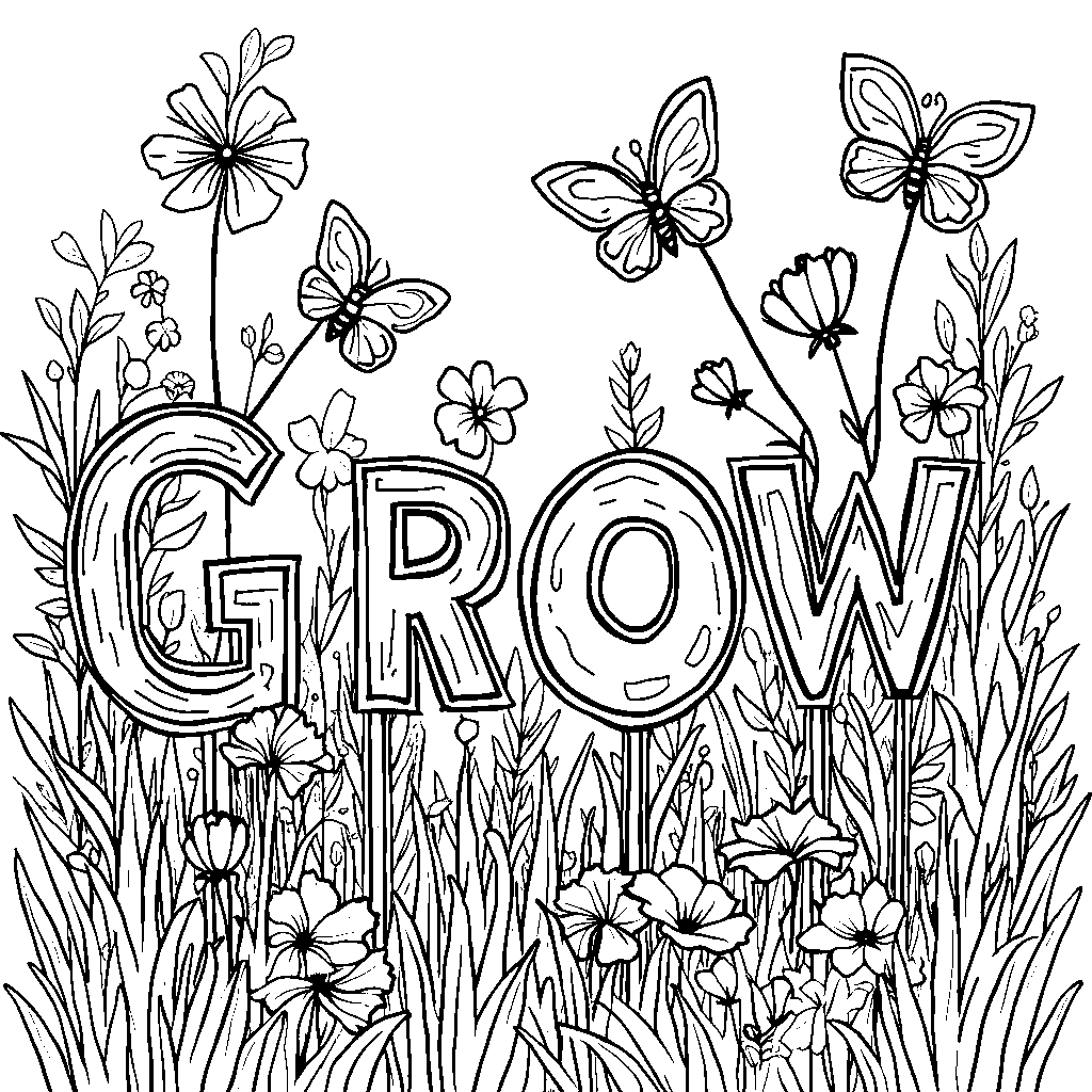 A whimsical garden with flowers spelling the word 'GROW'