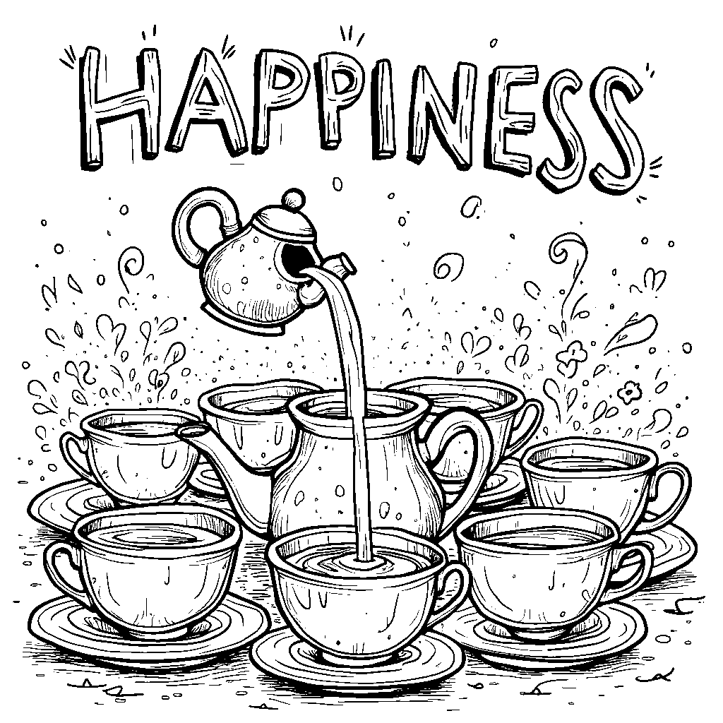 A whimsical teapot pouring out 'HAPPINESS' in tea cups