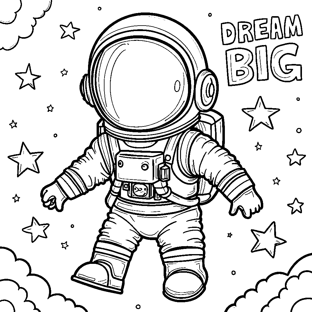 An astronaut floating in space with 'DREAM BIG' in the stars