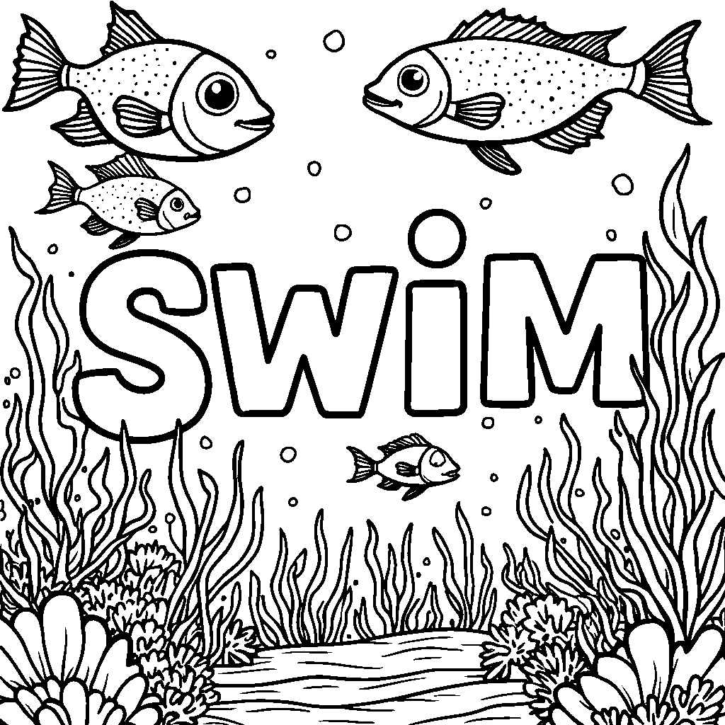 An underwater scene with fish swimming around the word 'SWIM'