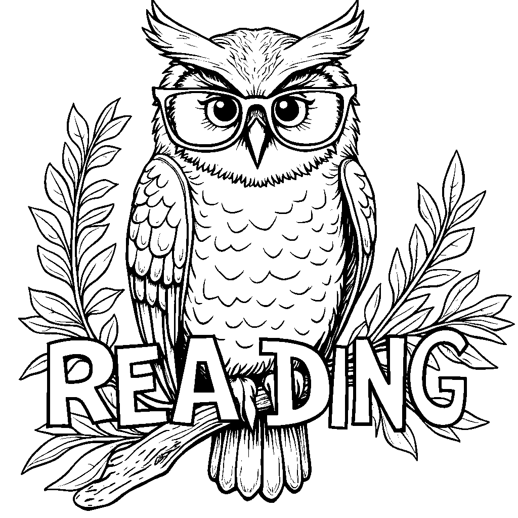 An elegant owl with glasses surrounded by 'READING' in branch leaves