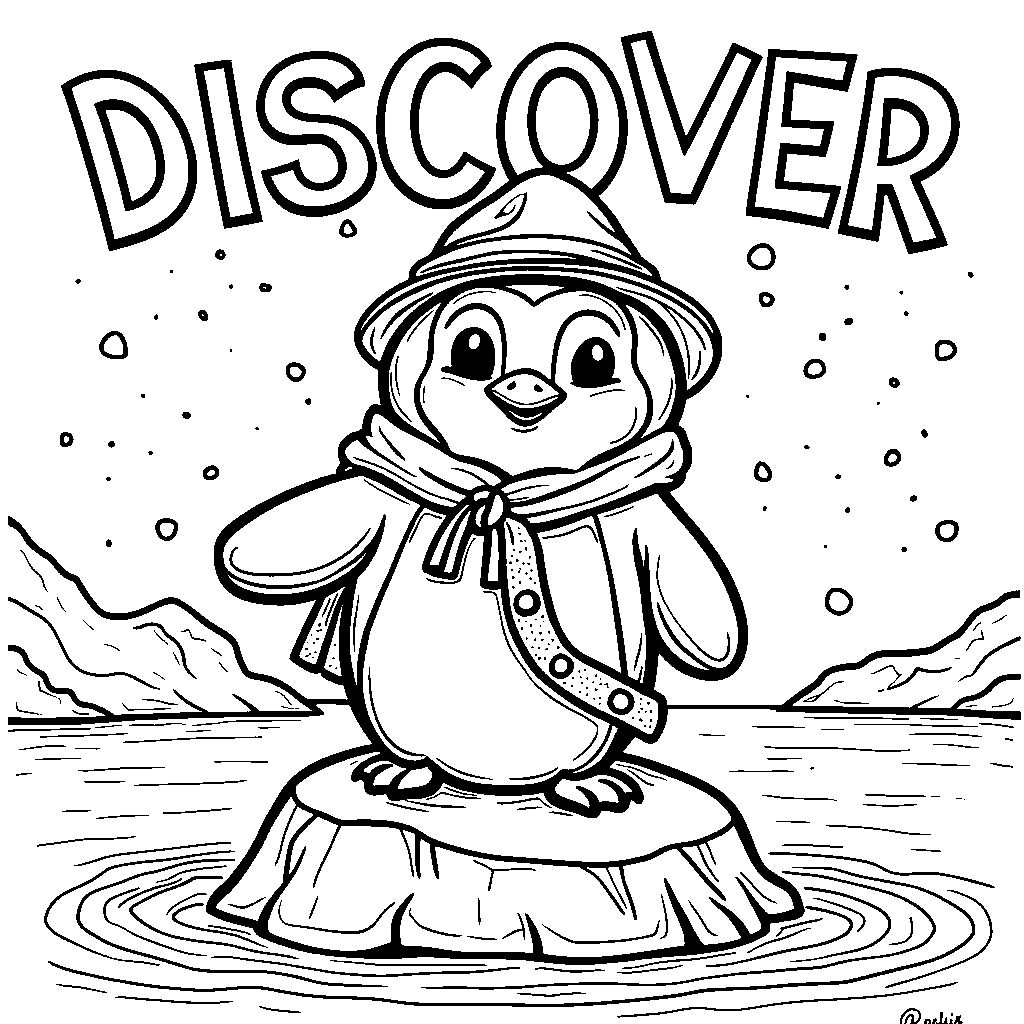 An explorer penguin on an iceberg with the word 'DISCOVER'