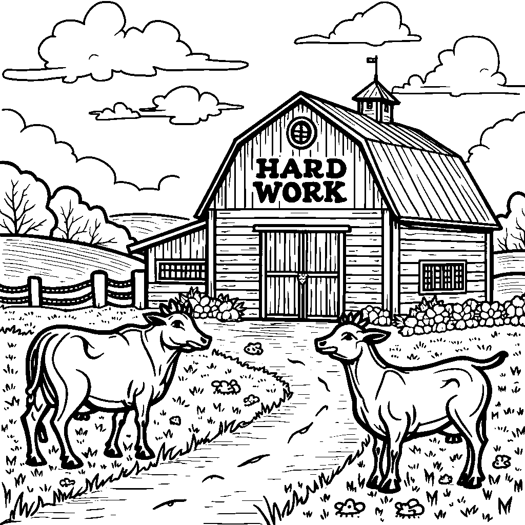 A farm scene with a barn and the words 'HARD WORK' next to it