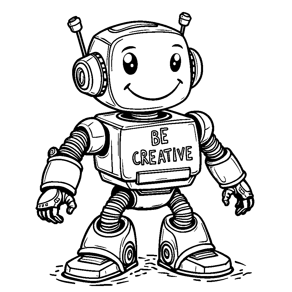 A friendly robot with the phrase 'BE CREATIVE' on its chest