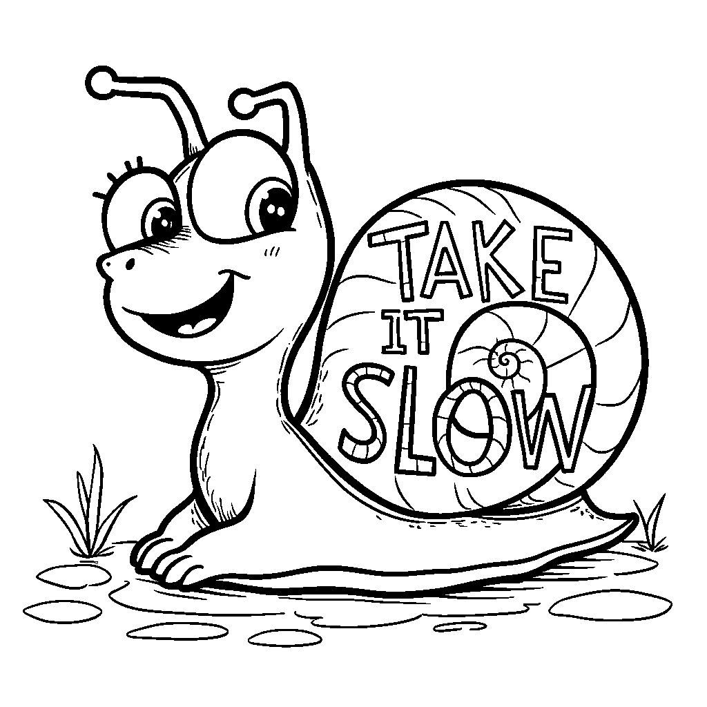 A friendly snail with the word 'TAKE IT SLOW' on its shell