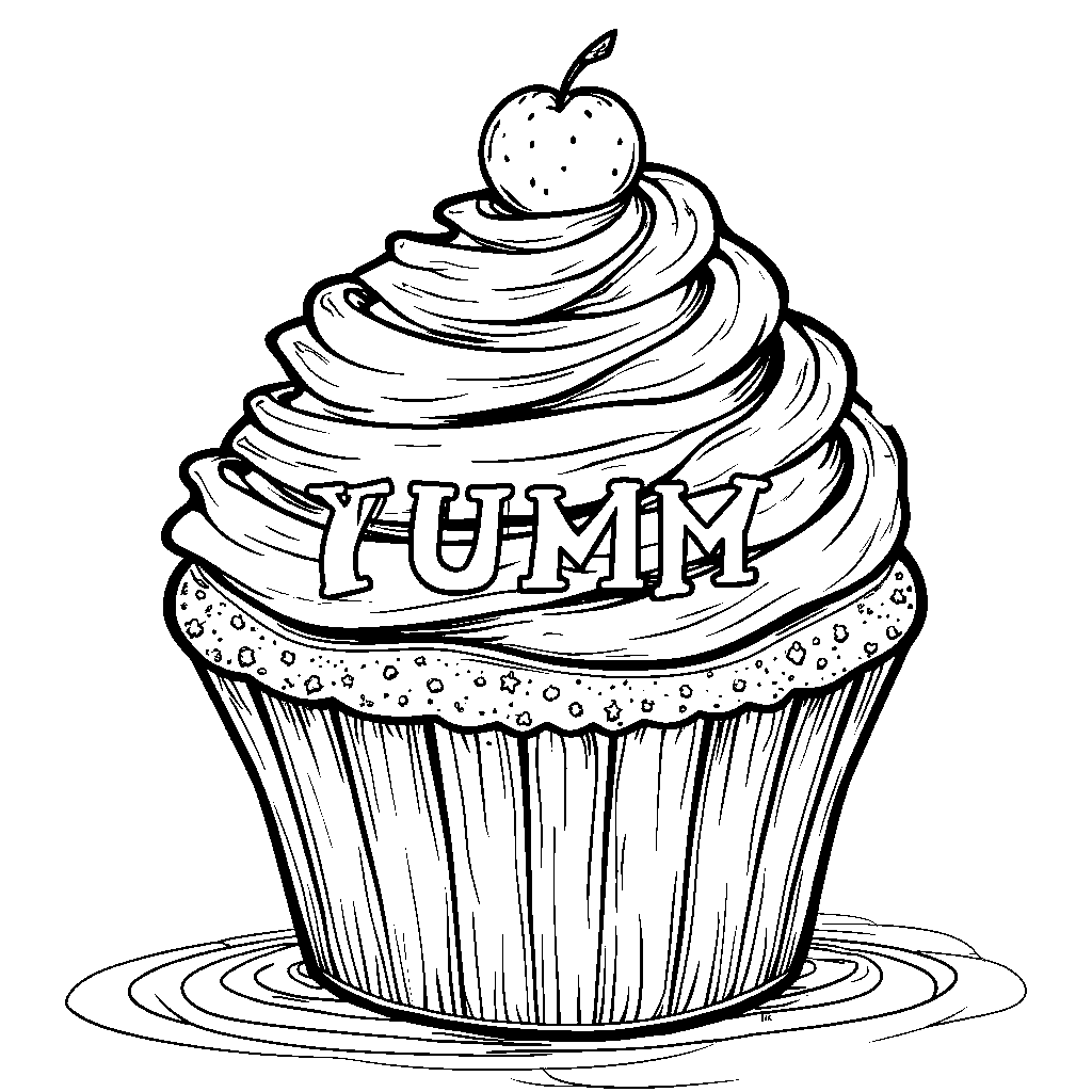 A giant colorful cupcake with the word 'YUMMY' on the frosting