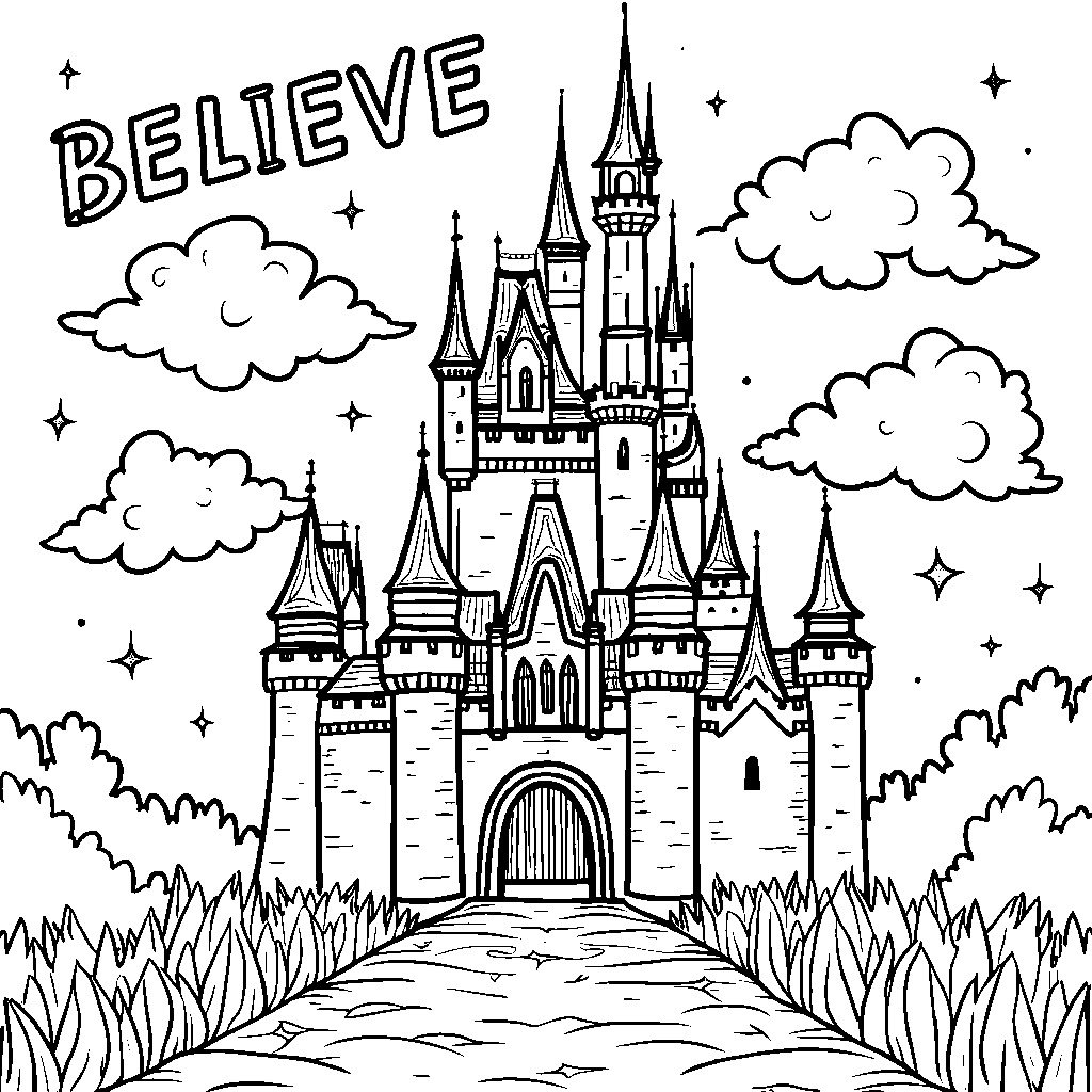 A magical castle with 'BELIEVE' written in the clouds