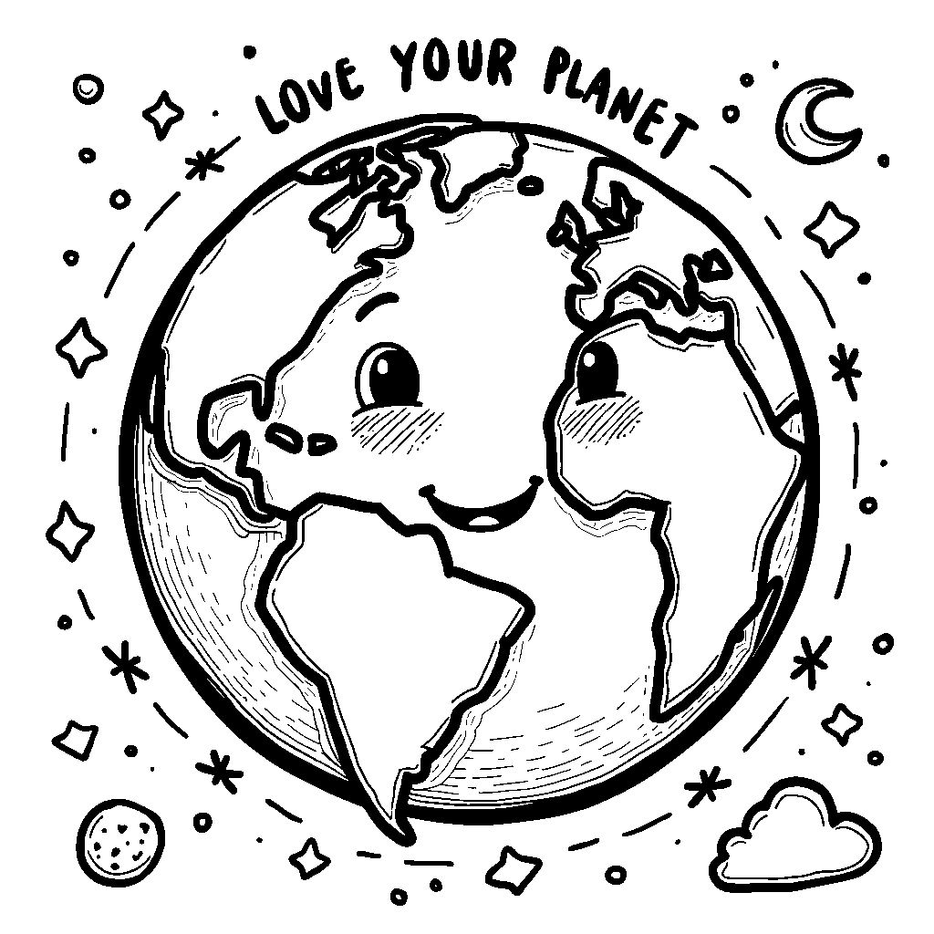 A smiling planet Earth with 'LOVE YOUR PLANET' written cheerfully