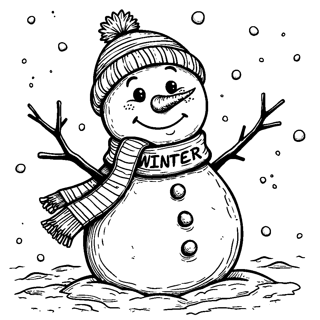 A snowman wearing a scarf that says 'WINTER', smiling in the snow