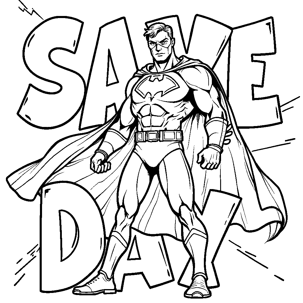 A superhero caped crusader with 'SAVE THE DAY' written in action lines